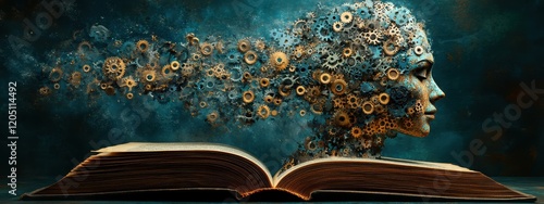 Open book with gears and cogs symbolizing knowledge and creativity