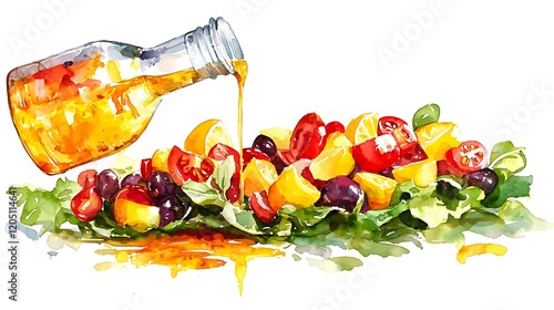 Watercolor Painting of Fresh Salad with Olive Oil Dressing.