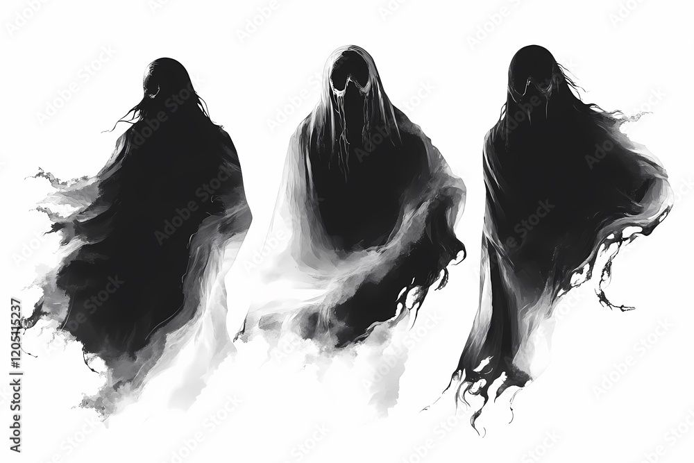 Fototapeta premium Ethereal Specters: A Trio of Mysterious Figures in Black