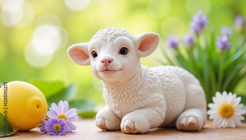 Fototapeta premium Cute lamb smiling with flowers and lemon in the garden