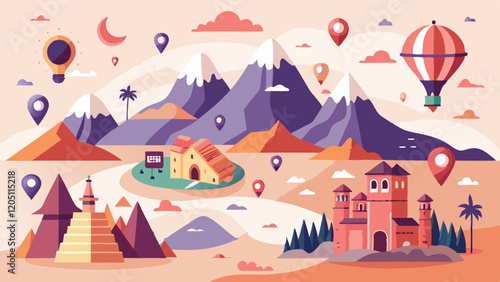 AI Generated modern map illustration featuring location pins, flight paths, mountains, and landmarks in soft pastel colors