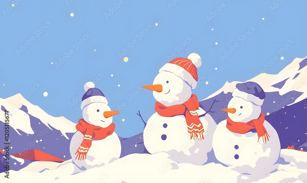 Cartoon snowmen, snowy mountains and purple sky background, Generative AI Cartoon snowmen, snowy mountains and purple sky background, Generative AI