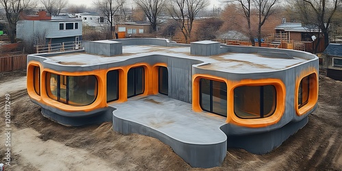 Fototapeta Naklejka Na Ścianę i Meble -  3D-printed house with orange accents.