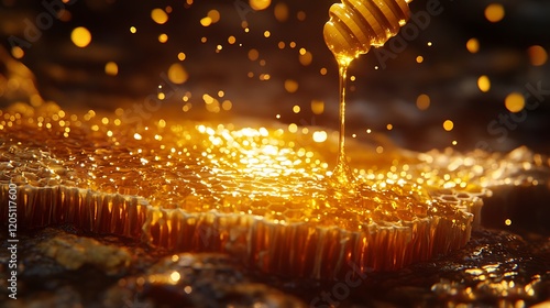 Fresh honey cascading from a stick onto a honeycomb with the golden liquid reflecting light creating a sense of health and purity