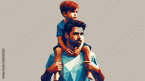 Portrait of a father carrying his child on his shoulders in low poly style