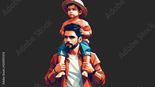 Portrait of a father carrying his child on his shoulders in low poly style
