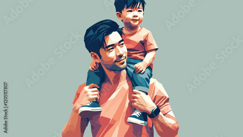 Portrait of a father carrying his child on his shoulders in low poly style