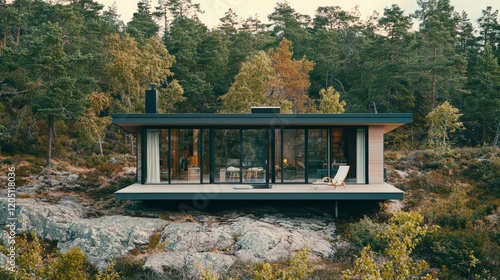 Modern Cabin Getaway: A stunning modern cabin nestled on a rocky outcrop overlooking a serene forest landscape, boasting expansive glass windows offering breathtaking views.  
