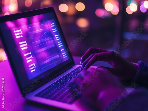 laptop neon glow purple and pink hues a person works late at night on their laptop