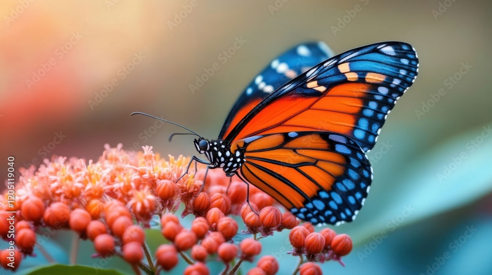 Obraz premium Vivid Butterfly Resting On Cluster Of Wildflowers In Gentle Light