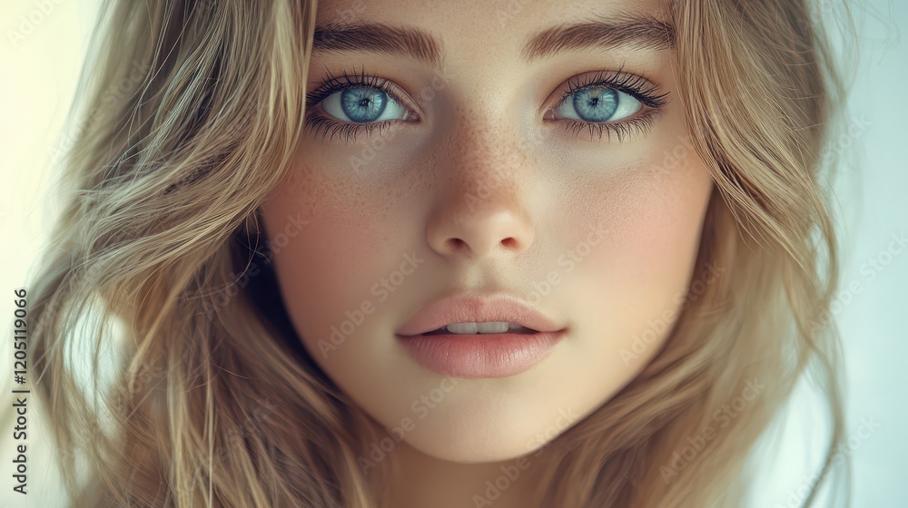 Captivating young woman with striking blue eyes and radiant skin in soft natural light, exuding a serene expression and confidence while highlighting her youthful beauty Captivating young woman with striking blue eyes and radiant skin in soft natural light, exuding a serene expression and confidence while highlighting her youthful beauty