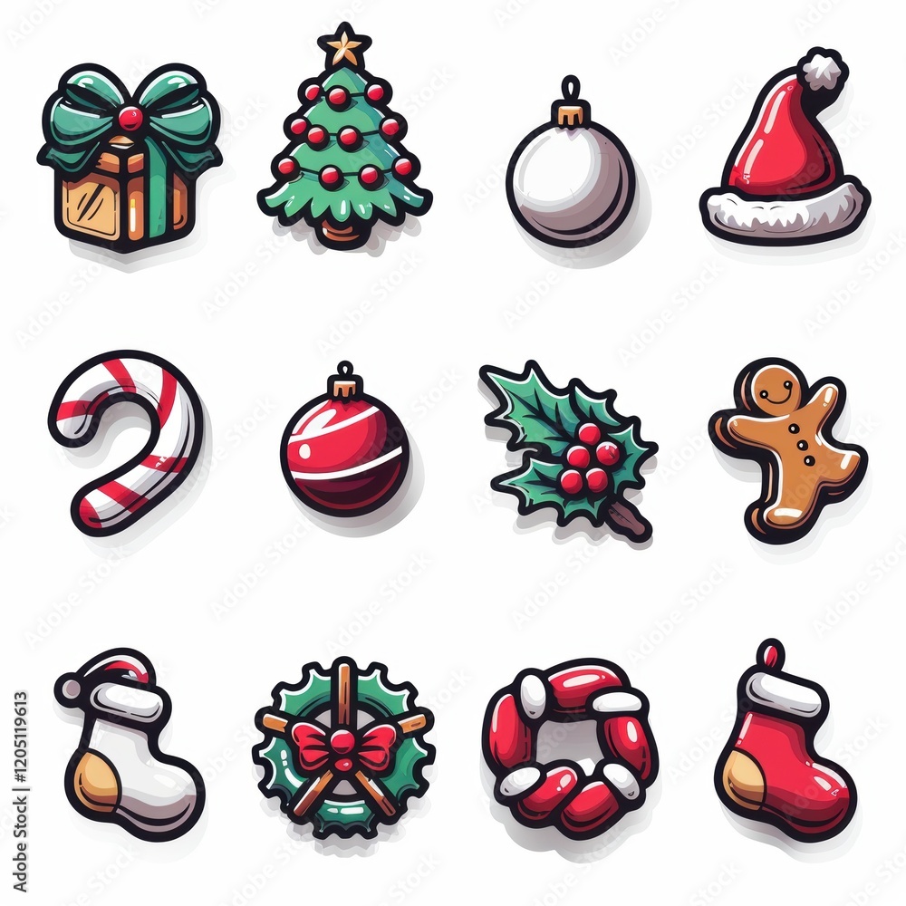 Set of Christmas decorations including a tree, a wreath, a candy cane Set of Christmas decorations including a tree, a wreath, a candy cane