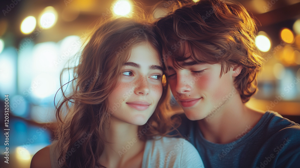 Young couple enjoying a cozy moment together in a warm, softly lit cafe during a relaxed afternoon Young couple enjoying a cozy moment together in a warm, softly lit cafe during a relaxed afternoon