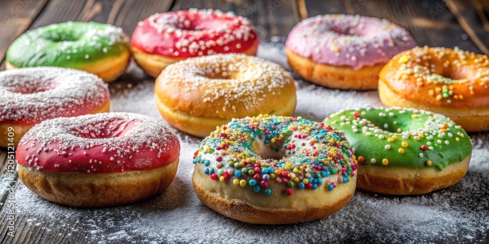 Colorful donuts with a generous dusting of powdered sugar on top, food, sweet indulgence, food, sweet indulgence, icing sugar Colorful donuts with a generous dusting of powdered sugar on top, food, sweet indulgence, food, sweet indulgence, icing sugar