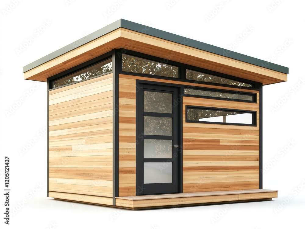 Modern Studio Shed: A sleek, contemporary garden studio boasts clean lines, light wood siding, and large windows, offering a tranquil workspace or creative retreat. Modern Studio Shed: A sleek, contemporary garden studio boasts clean lines, light wood siding, and large windows, offering a tranquil workspace or creative retreat.