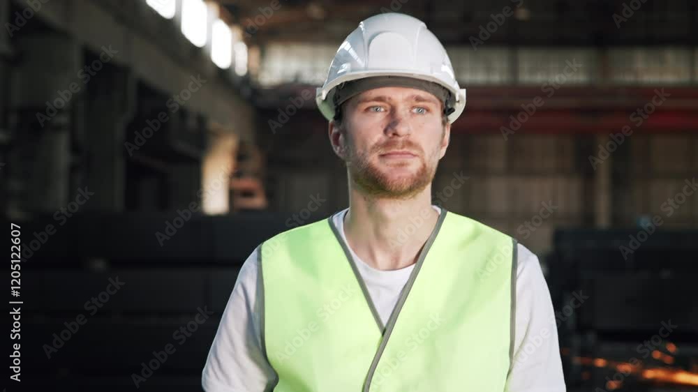 Engineer plan of manufacture work. Portrait of metal factory specialist or heavy industry worker control equipment process, warehouse facility. Male person in protective hard hat, workwear Engineer plan of manufacture work. Portrait of metal factory specialist or heavy industry worker control equipment process, warehouse facility. Male person in protective hard hat, workwear