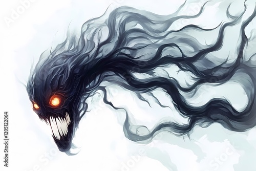 Digital painting of a terrifying dark creature, a nightmarish entity with glowing eyes and sharp teeth. Its form is made of dark smoke or energy, flowing and dynamic.