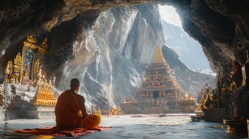 A monk in orange robes meditates inside a cave filled with golden Buddhist architecture photo