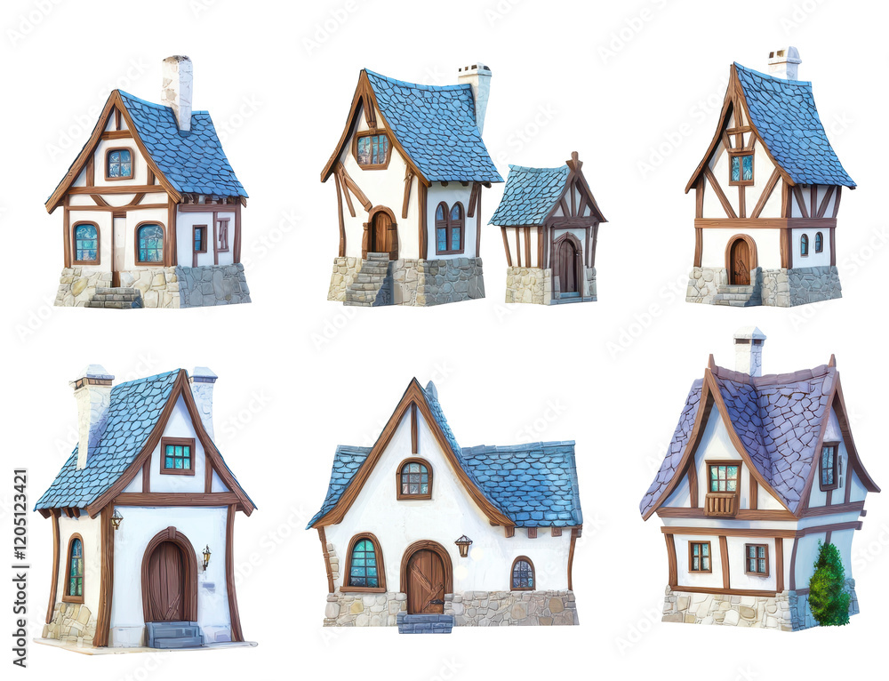 Fototapeta premium Charming Cottage Collection: Six charming, whimsical cottages, rendered in 3D, showcasing various styles and details.