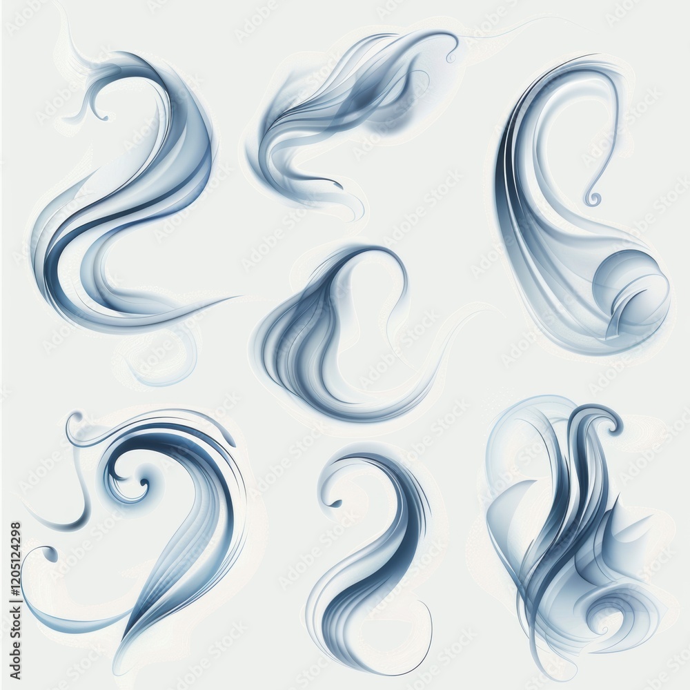 Set of blue and white swirls that are all different shapes and sizes Set of blue and white swirls that are all different shapes and sizes