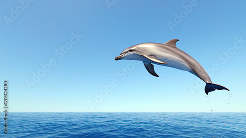 a dolphin leaps out of the water with a splash, reaching for the azure sky. The blue sea provides a stunning backdrop to this moment of freedom and energy