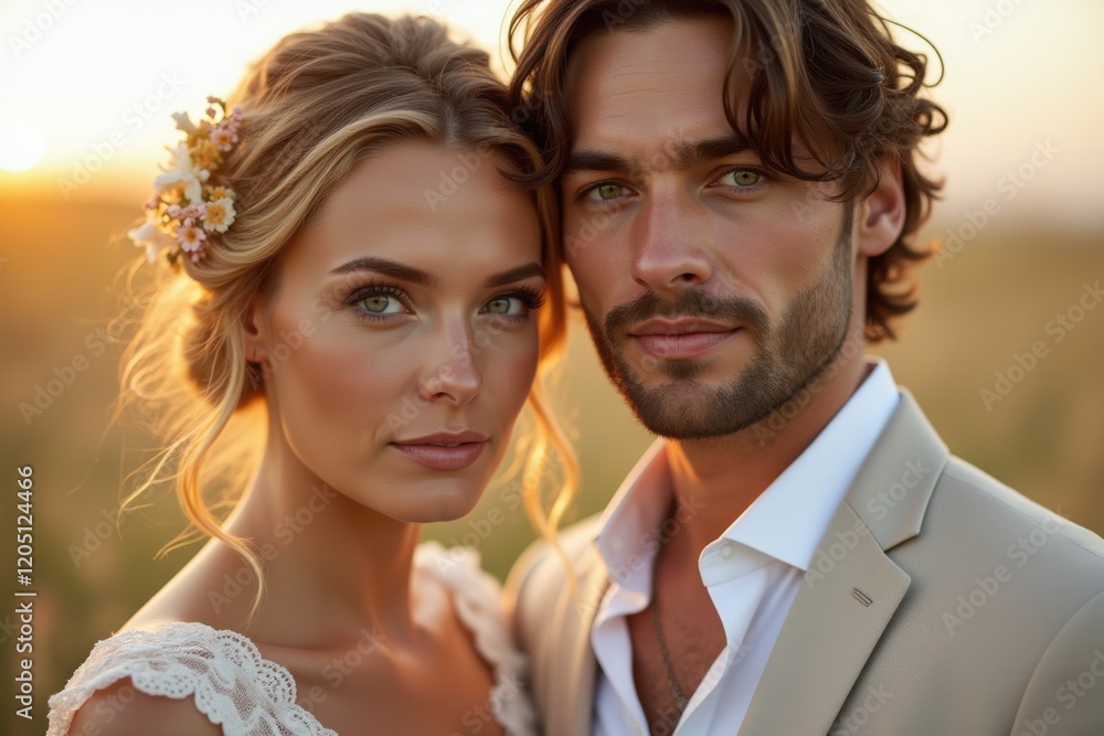 A beautiful bride with delicate floral hair decor and her groom in a beige suit pose closely at sunset, bathed in golden hour light. Ideal for romantic, wedding, and timeless themes. A beautiful bride with delicate floral hair decor and her groom in a beige suit pose closely at sunset, bathed in golden hour light. Ideal for romantic, wedding, and timeless themes.