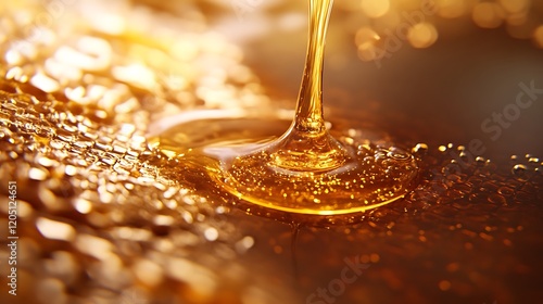 A close-up of honey drizzling from a stick onto a honeycomb with natural light enhancing the rich textures and golden hues of the honey