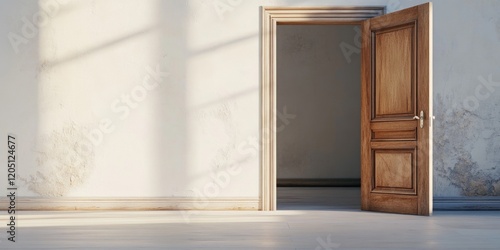 Open wooden door in white room