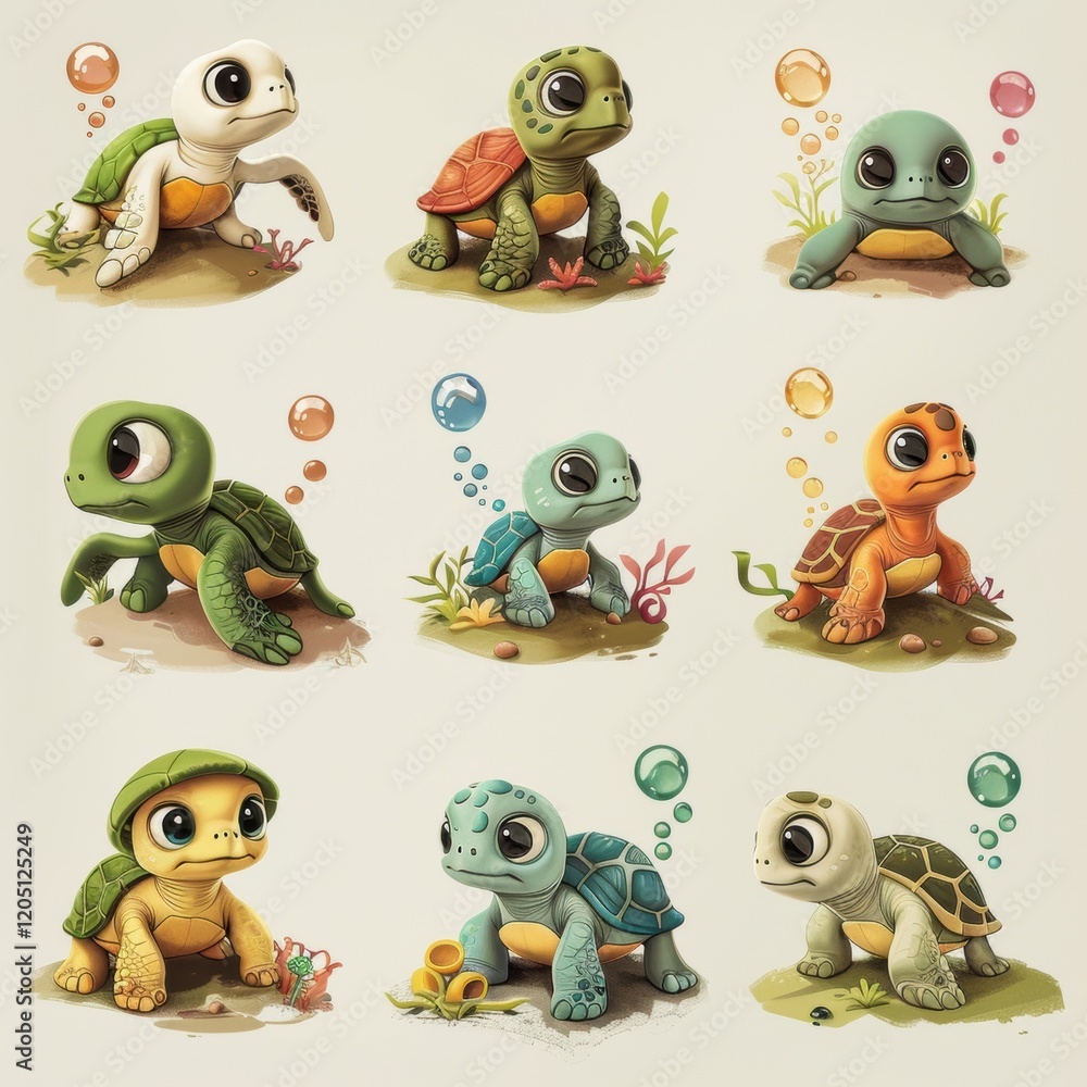 Fototapeta premium Set of cute turtle drawings with different colors and sizes