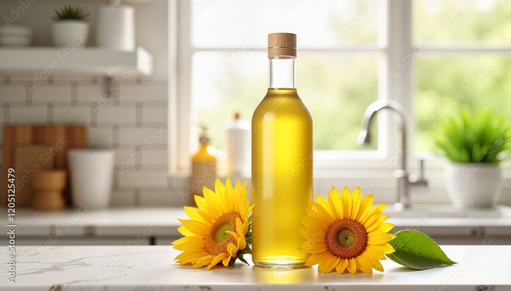 Sunflower Oil in Clear Glass Bottle with Sunflowers on Kitchen Counter Sunflower Oil in Clear Glass Bottle with Sunflowers on Kitchen Counter
