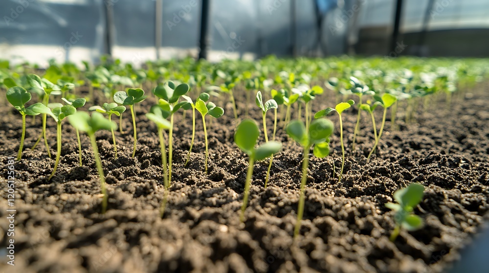 Seedlings sprouting in rich soil under a clear sky with soft morning light illuminating the scene Seedlings sprouting in rich soil under a clear sky with soft morning light illuminating the scene