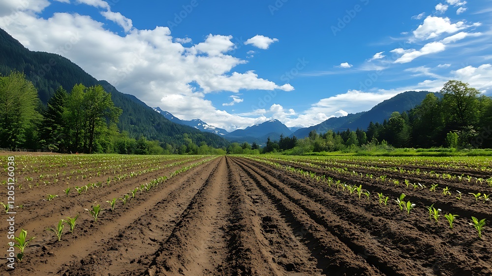 Seedlings in freshly tilled soil with a scenic mountain backdrop under a bright blue sky Seedlings in freshly tilled soil with a scenic mountain backdrop under a bright blue sky
