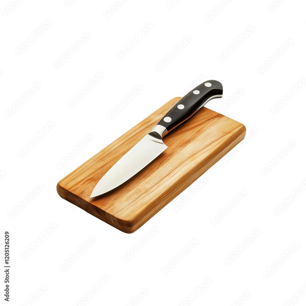 A knife and wooden cutting board isolated on transparent background A knife and wooden cutting board isolated on transparent background