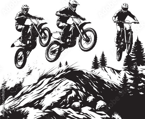 Motocross Race Evolution, Side View Silhouette, 
A skillful motocross racer soars into the air during an exhilarating race
