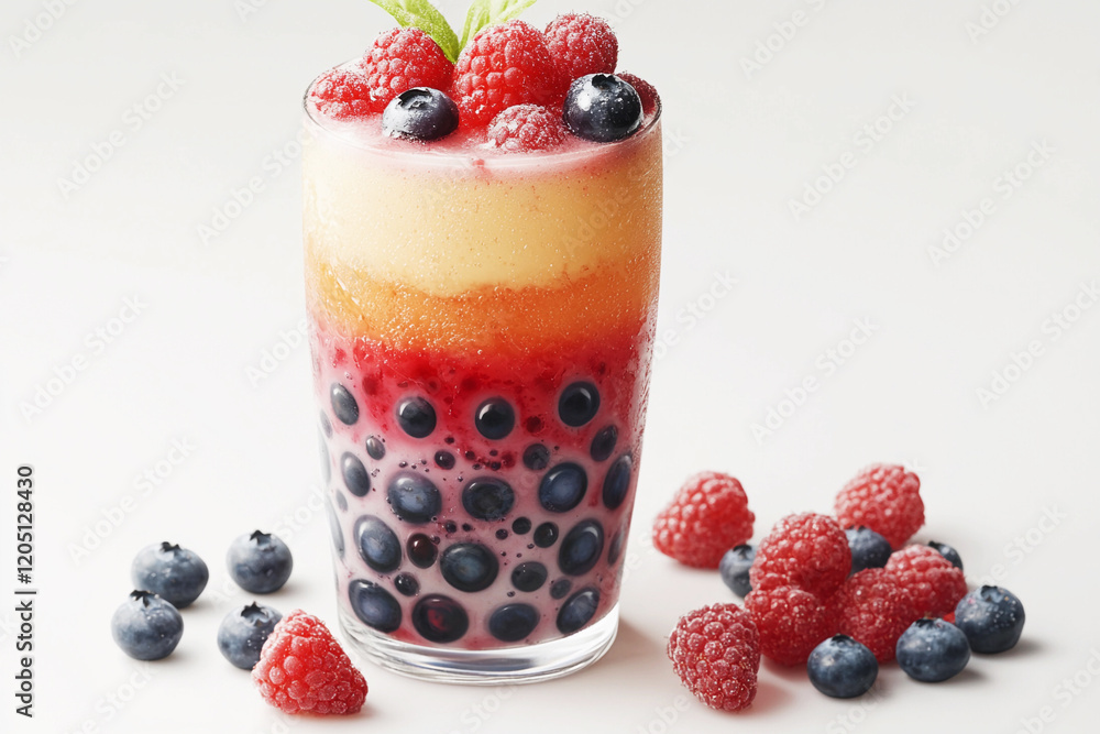 Refreshing berry bubble tea with vibrant layers and fresh fruit toppings enjoyed at a cozy cafe during the afternoon Refreshing berry bubble tea with vibrant layers and fresh fruit toppings enjoyed at a cozy cafe during the afternoon