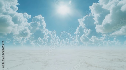 Serene Blue Sky with Fluffy Clouds and Bright Sun Above Horizon