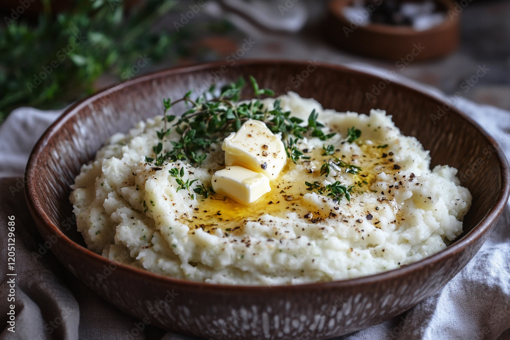 Rustic table setting featuring a bowl of creamy keto mashed cauliflower topped with butter and herbs in a cozy kitchen atmosphere Rustic table setting featuring a bowl of creamy keto mashed cauliflower topped with butter and herbs in a cozy kitchen atmosphere