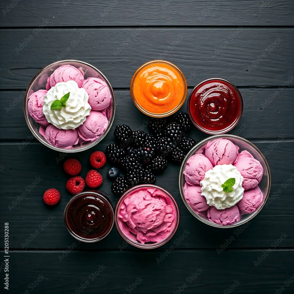 Fruity Ice Cream Sundae Bar with Fresh Berries, Fruit Sauces, and Whipped Cream. Light and Refreshing. Fruity Ice Cream Sundae Bar with Fresh Berries, Fruit Sauces, and Whipped Cream. Light and Refreshing.