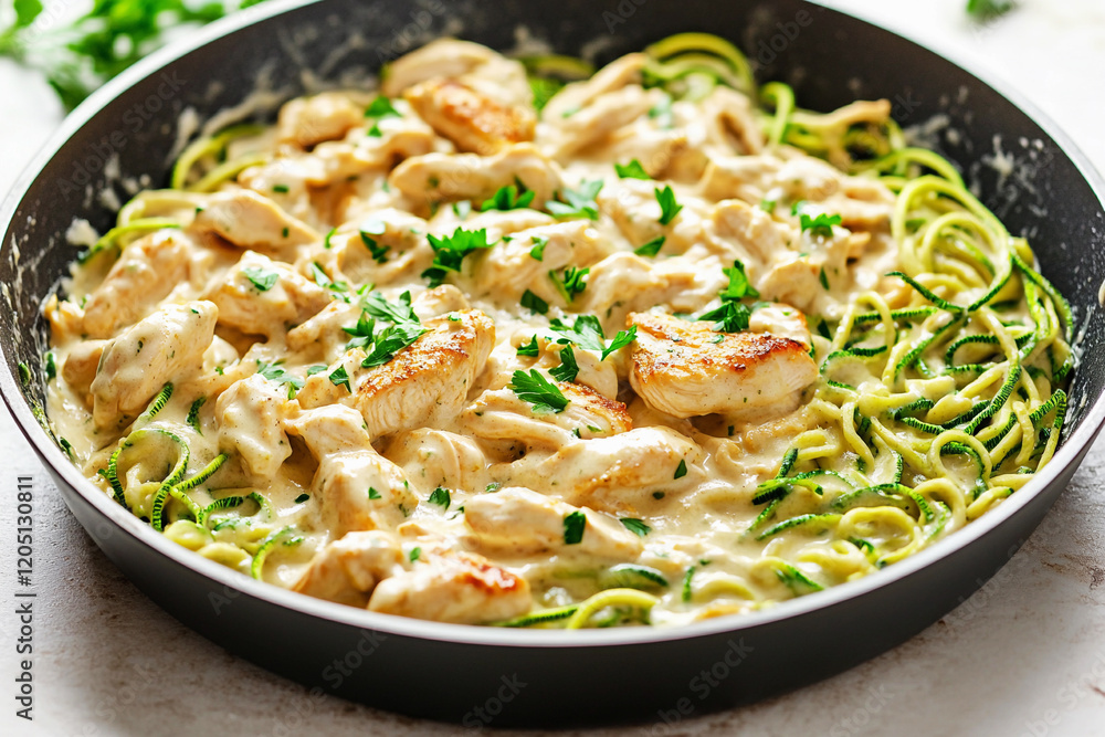 Keto-friendly chicken Alfredo skillet with zoodles and a creamy sauce prepared in a cozy kitchen setting Keto-friendly chicken Alfredo skillet with zoodles and a creamy sauce prepared in a cozy kitchen setting
