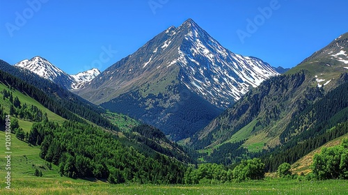 Wallpaper Mural Majestic snow-capped mountain peak, valley, green landscape, sunny day, travel poster Torontodigital.ca