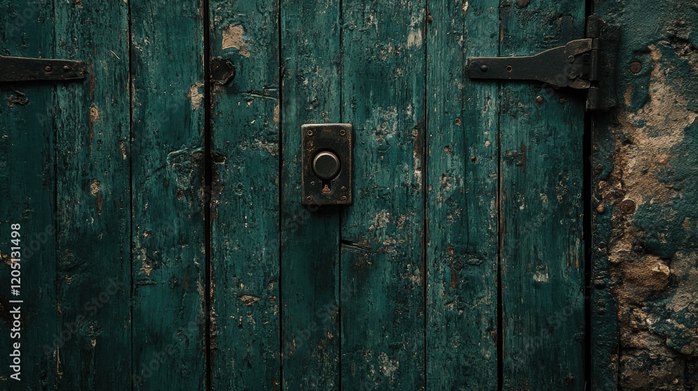 Weathered Green Wooden Door with Rustic Hardware and Texture Weathered Green Wooden Door with Rustic Hardware and Texture