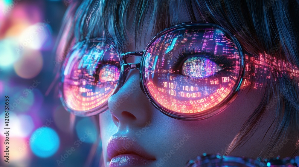 Futuristic Portrait of a Woman with Glowing Reflective Sunglasses Futuristic Portrait of a Woman with Glowing Reflective Sunglasses
