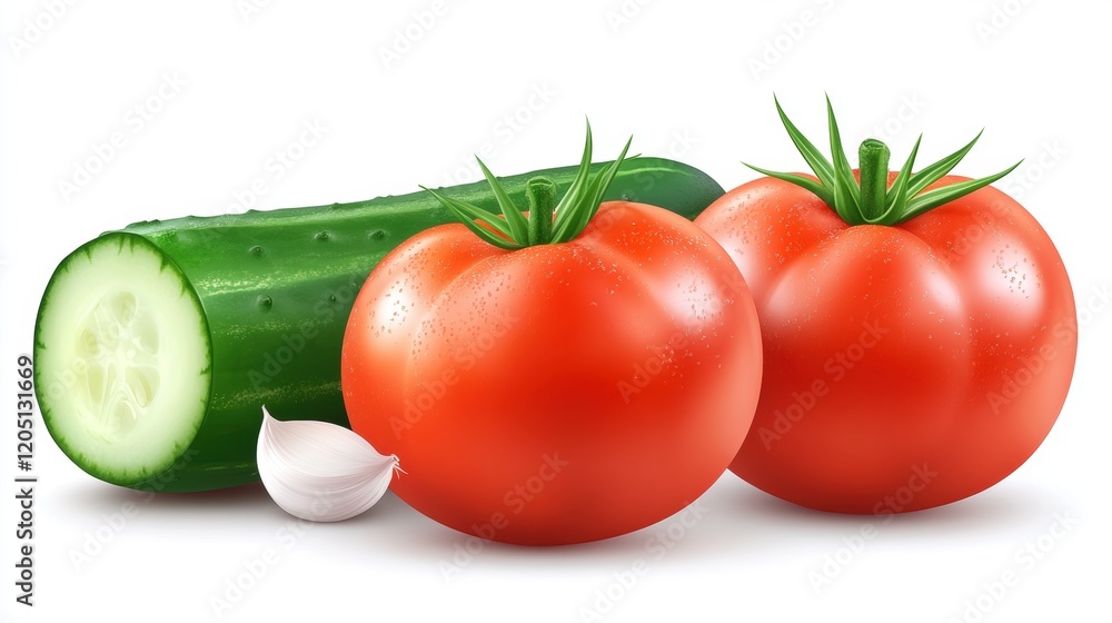 Fresh Vegetables Including Tomatoes, Cucumber, and Garlic on White Background Fresh Vegetables Including Tomatoes, Cucumber, and Garlic on White Background