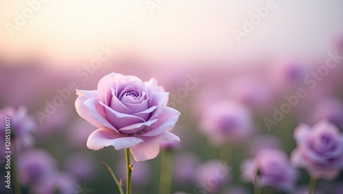 Beautiful isolated lavender blossom roses with bokeh flowers field as background photo