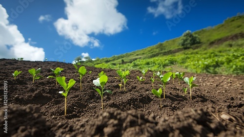 Fresh green seedlings in fertile soil with a scenic hillside and a brilliant blue sky above photo