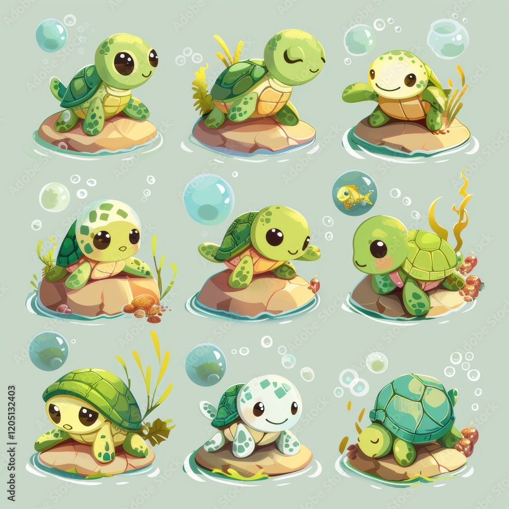 Fototapeta premium Series of cute turtle characters are shown in various poses