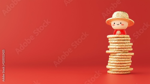 A cute character wearing a straw hat stands joyfully atop a stack of golden cookies against a vibrant red background. photo