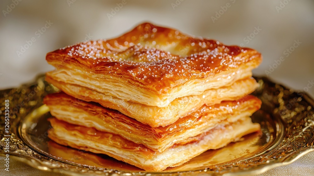 Flaky pastries stacked on an ornate plate, dusted with powdered sugar, showcasing a deliciously golden-brown texture. Flaky pastries stacked on an ornate plate, dusted with powdered sugar, showcasing a deliciously golden-brown texture.