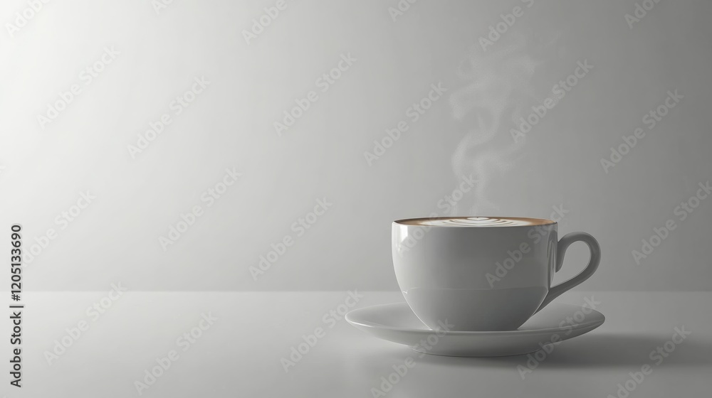 Obraz premium A steaming coffee cup with a latte art design on top, isolated on a clean white background,