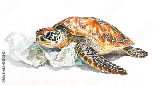 Watercolor Painting of Sea Turtle Entangled in Plastic Bag. photo